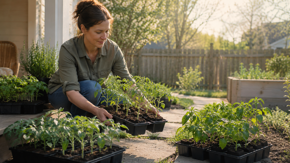 Home gardener moving trays of young tomato and pepper seedlings into gentle morning sun during hardening off