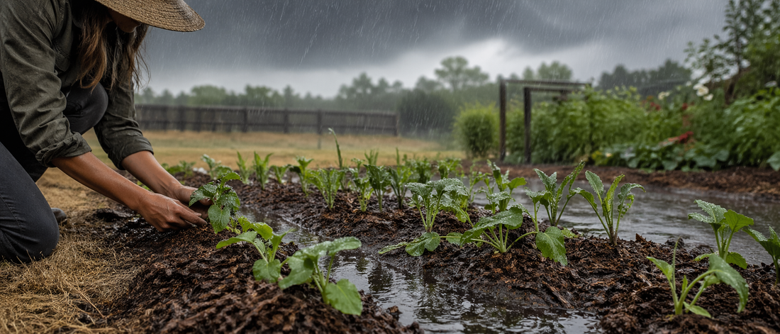A gardener wearing a straw hat crouches in a flooded garden bed during a sudden downpour, tending to young green seedlings surrounded by dark mulch and pooling water.