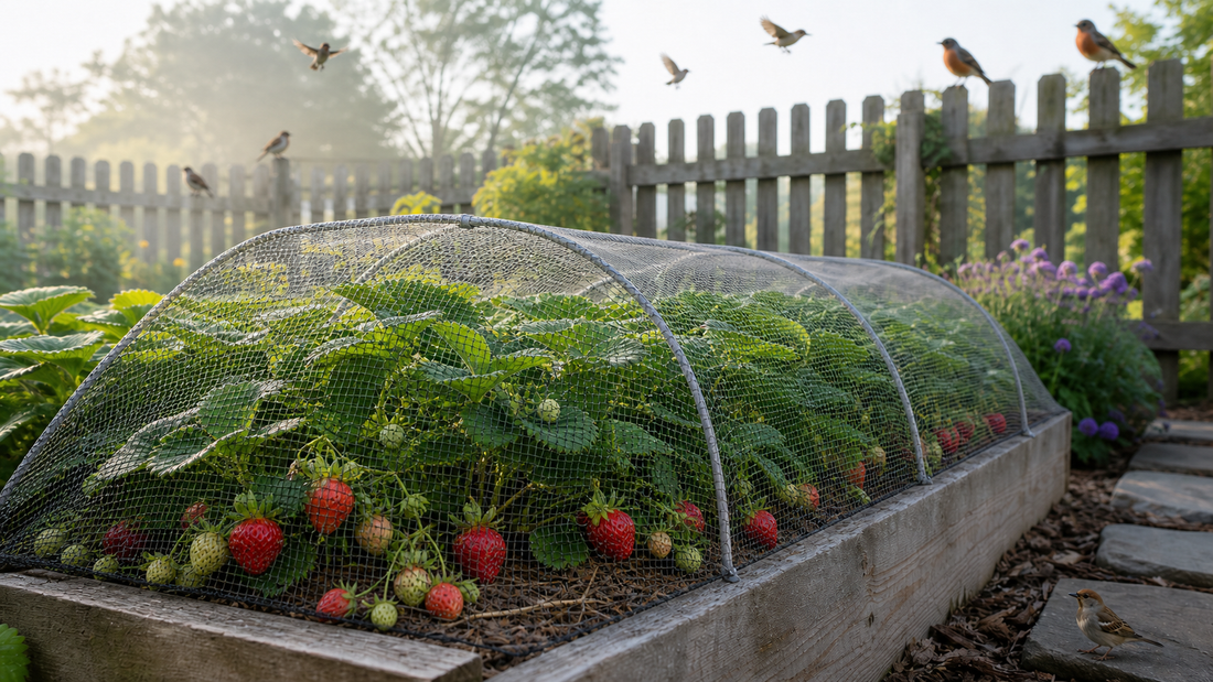 Dalen-branded garden header showing a raised strawberry bed covered with fine mesh netting, protecting ripening strawberries from birds in a sunny backyard.