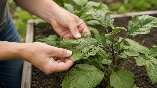 Gardener inspecting insect-damaged eggplant leaves in a raised bed, with the Dalen logo in the upper right.