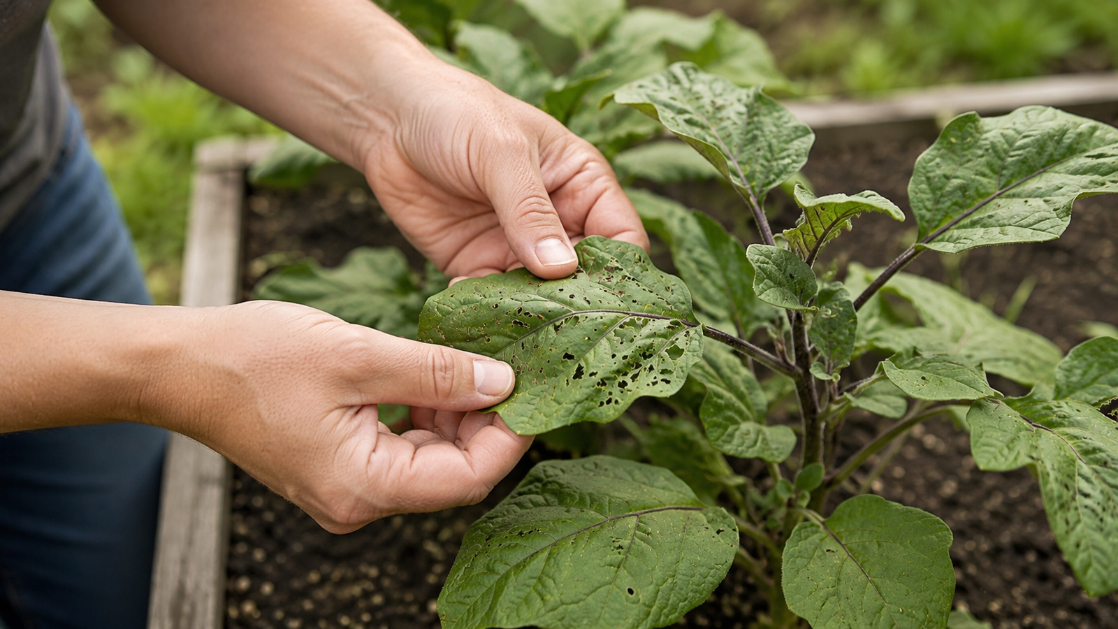 Gardener inspecting insect-damaged eggplant leaves in a raised bed, with the Dalen logo in the upper right.