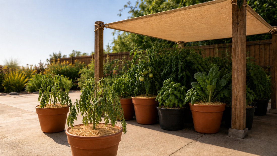 Wilting potted tomatoes in full sun beside healthy potted vegetables growing under a tan garden shade cloth on a sunny patio.