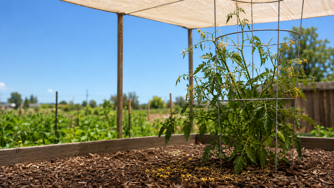 Tomato plant in a cage under breathable shade cloth in a sunlit raised garden bed, with spent yellow flowers dropped on the mulch below from summer heat