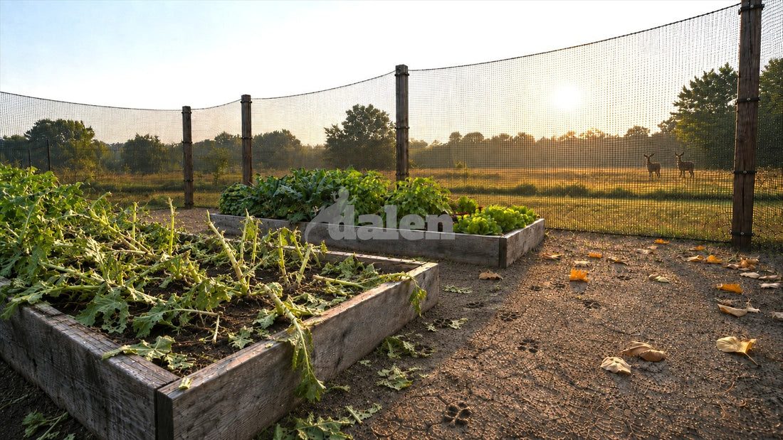 Two deer beyond black Deer-X netting at sunrise, with torn plants, dry cracked soil, and hoofprints in a raised vegetable bed.
