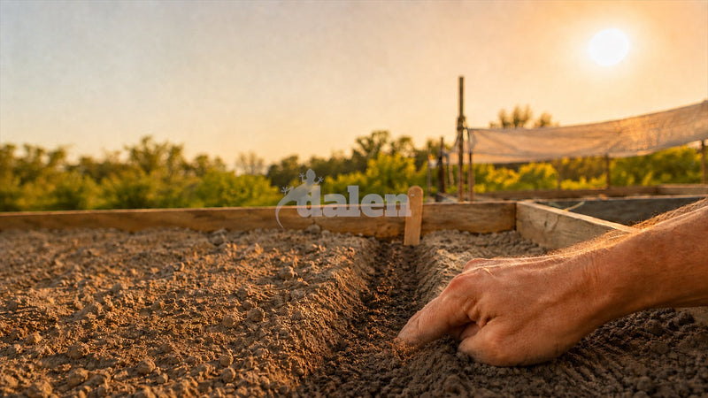 Gardener checks soil moisture at sowing depth in a dry carrot and beet seedbed under the late-afternoon sun.