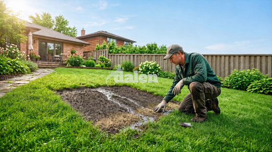 Gardener kneeling beside a newly seeded lawn patch where rain wash channels carried grass seed downhill before sprouting.