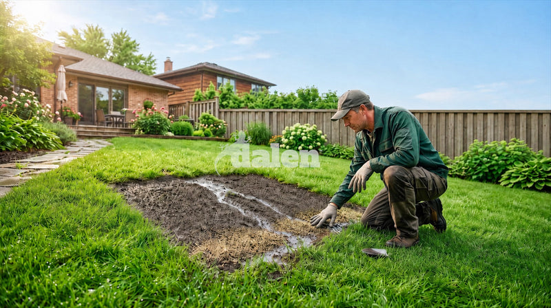 Gardener kneeling beside a newly seeded lawn patch where rain wash channels carried grass seed downhill before sprouting.