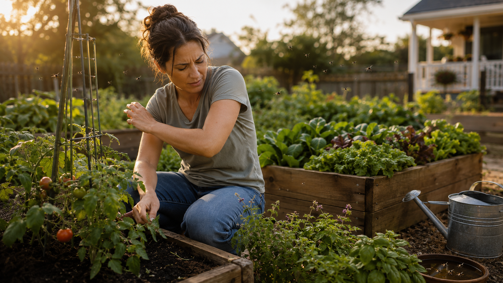 Gardener working in raised vegetable beds while mosquitoes fly nearby in a backyard garden.