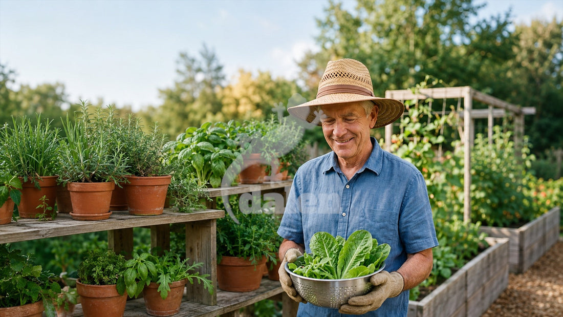 Older gardener in a straw hat standing in a summer garden holding a metal colander of fresh romaine lettuce, with potted herbs on a wooden bench beside him