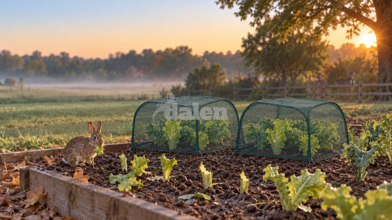 Cottontail rabbit eating a lettuce transplant in a raised bed at sunrise, with clean-cut stems in front and healthy lettuce and kale under two dark green pop-up mesh covers behind.