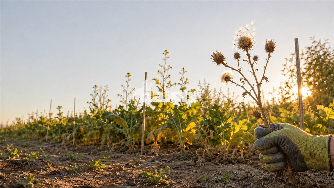 Gardener in a work glove pulling a dried thistle with mature seed heads from a dry garden bed at sunset