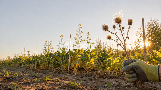 Gardener in a work glove pulling a dried thistle with mature seed heads from a dry garden bed at sunset