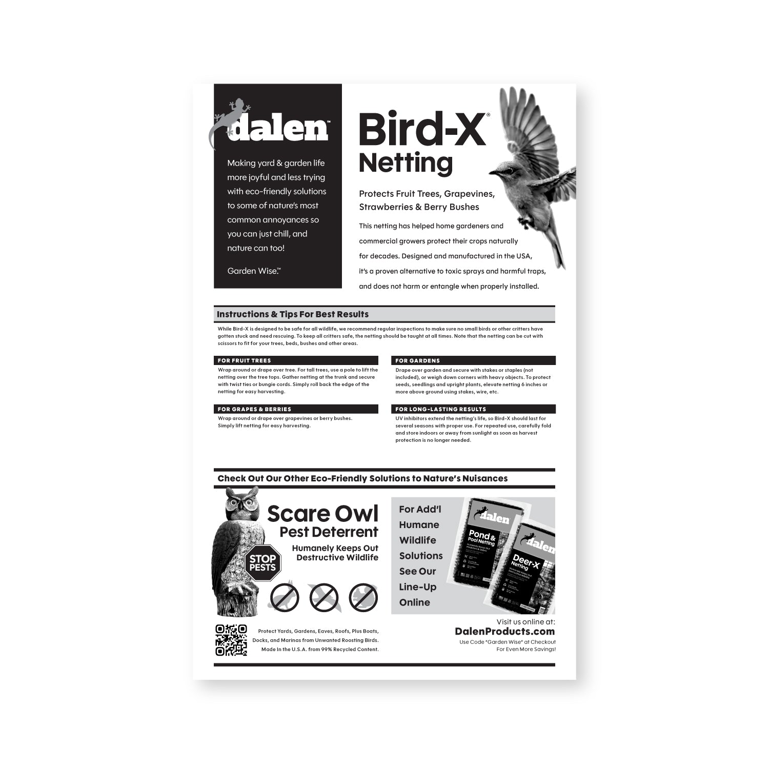 BIRD-X Protective Mesh Netting, Black Bird Barrier for Fruit Trees & Berry Bushes, by Dalen Products