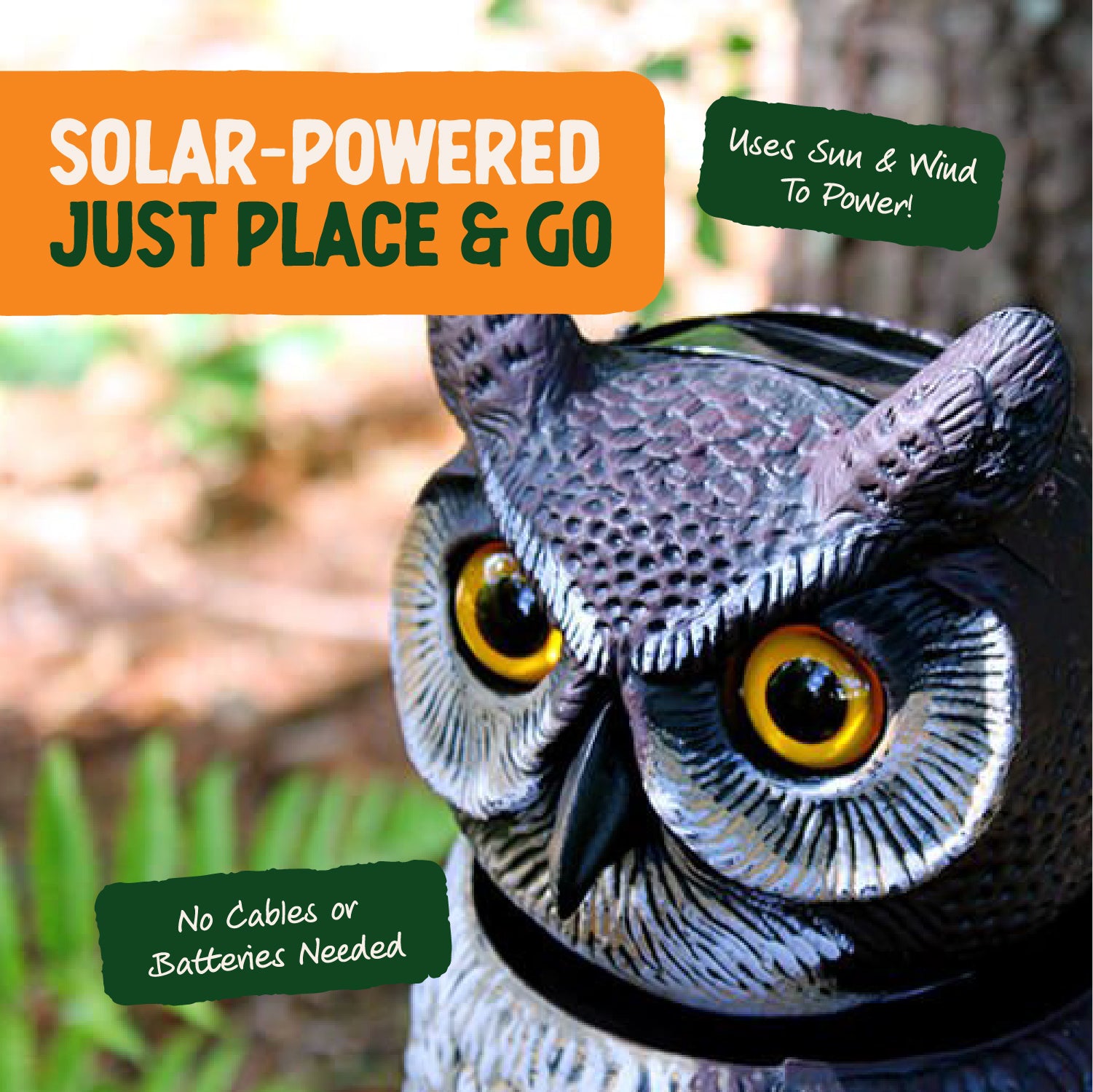 Dalen 18in Sol-R Solar & Wind-Powered Owl Decoy Bird Deterrent