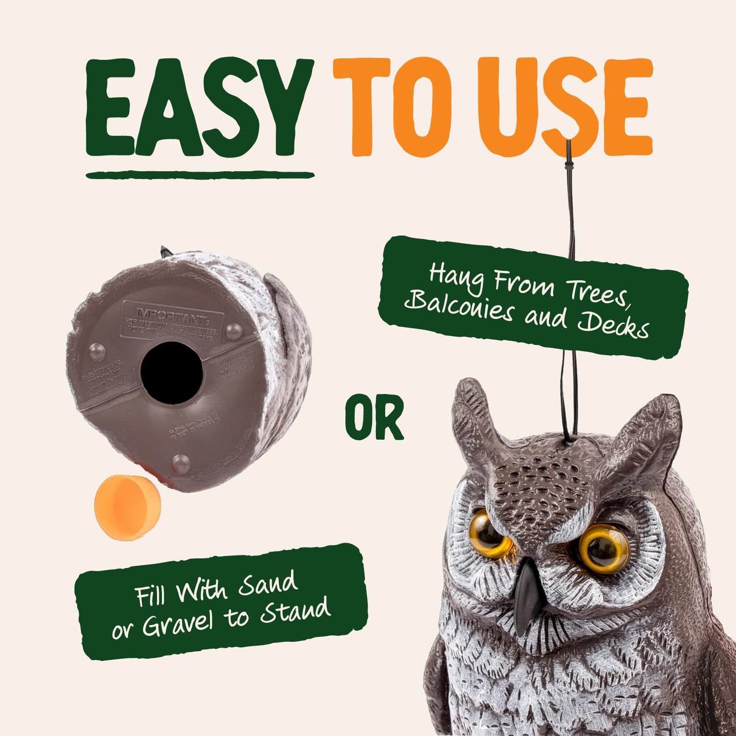 Great Horned Owl Decoy, 16", Lifelike Hand-Painted Stationary Scarecrow Bird, by Dalen Products