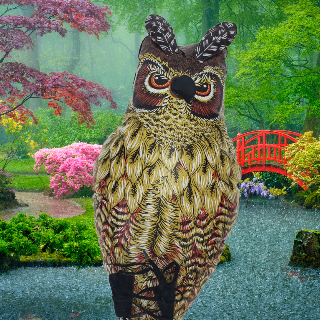 inflatable owl scarecrow in japanese garden